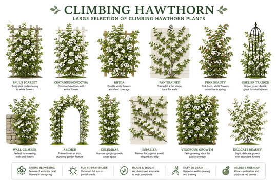 Collection of climbing hawthorn plant varieties and their training methods