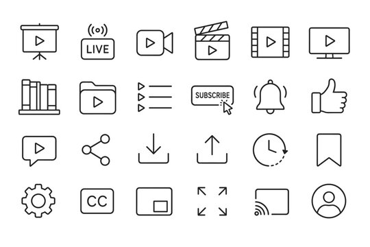 Collection of modern flat line icons for video content and digital media platforms