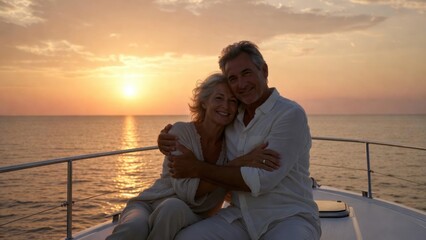 Fototapeta premium Older couple embracing on boat deck at sunset over open sea