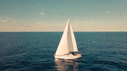 Fototapeta premium Sailboat sailing alone on calm open sea near horizon