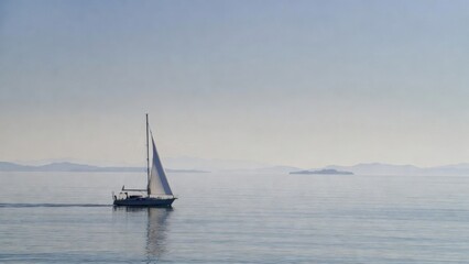 Fototapeta premium Sailboat gliding across calm sea with distant islands