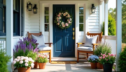 Fototapeta premium Inviting blue front door with floral wreath and potted plants. Two chairs sit on porch. Home exterior has white siding and lanterns. Peaceful residential facade.