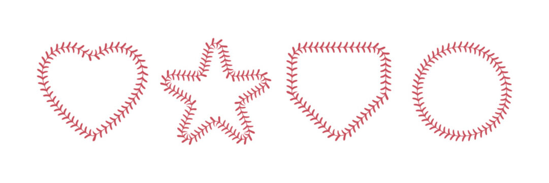 A set of shapes such as heart, star, circle, and home plate outlined with softball-style stitching.
