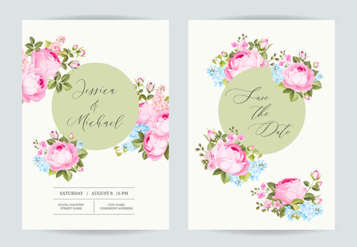 Marriage invitation card with custom sign and rose frame over beige