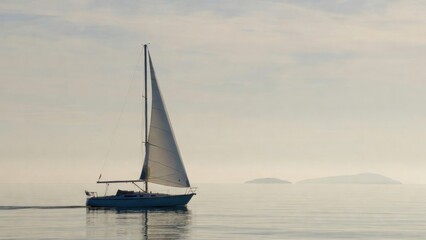 Fototapeta premium Sailboat gliding on misty calm water with faint islands