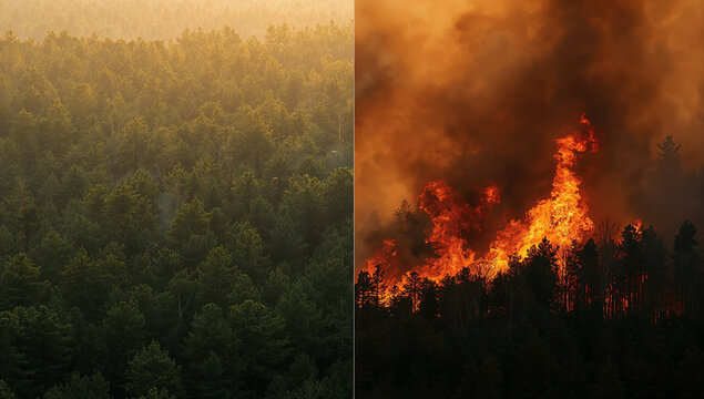 Split image showing lush green forest contrasted with a raging wildfire and smoke