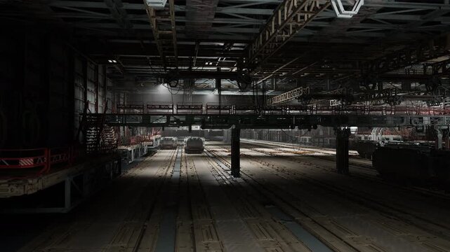 Underground cargo vault with deep shadows, sealed bulkheads and stacked containers, narrow platforms and service conduits, claustrophobic atmosphere with secure