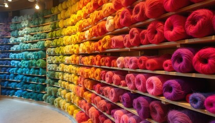 Multitude of multicolored wool yarn balls arranged on wooden shelves forming a vibrant rainbow. Craft supplies offer inspiration for art projects and handmade creations. © miss irine