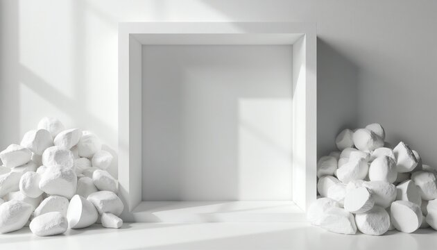 White polystyrene foam chunks pile on floor next to empty showcase. Recyclable waste material, packaging filler. Eco theme, cleanup concept, garbage disposal.