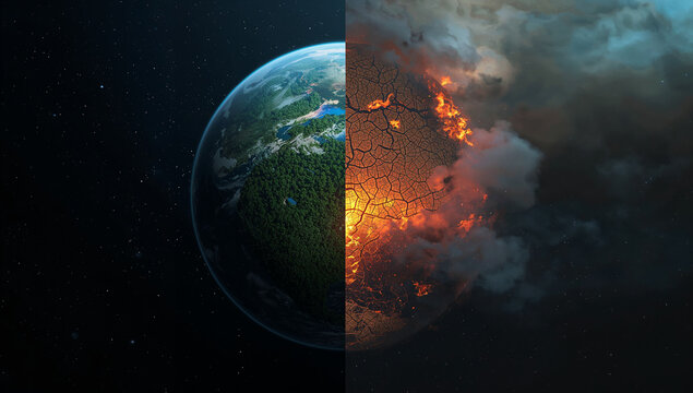 Earth split in half showing a lush green planet and a burning, dry planet