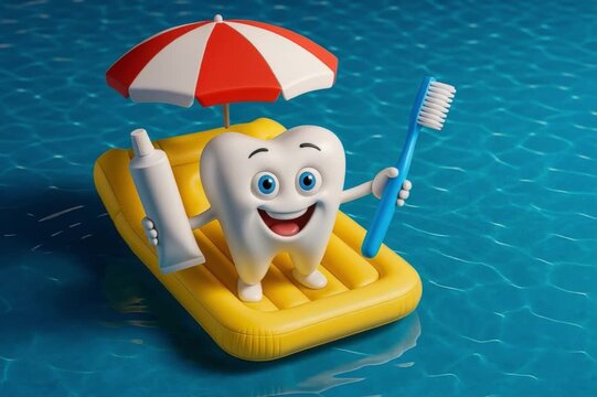 Dental summer vacation toothbrush toothpaste tooth mascot pool oral care concept shows a smiling character on yellow float with umbrella, ideal for hygiene campaigns, clinic ads and summer promotions.