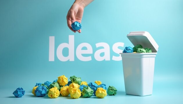 Hand discards blue crumpled paper ball into bin full of rejected ideas. Many colorful paper balls scattered around, showing failed concepts.