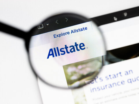 Milan, Italy 2026, 20 Apr Closeup of Allstate website on a laptop screen. Allstate logo under a magnifying glass.