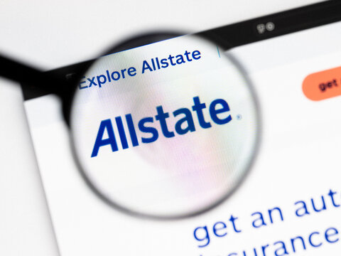 Milan, Italy 2026, 20 Apr Closeup of Allstate website on a laptop screen. Allstate logo under a magnifying glass.