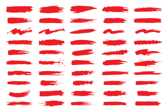 Red highlighter brush stroke lines set for underline banners, dry paint marker stripes, rough grunge ink smears and bold hand drawn highlight elements. Vector illustration. Set of red paint brush 