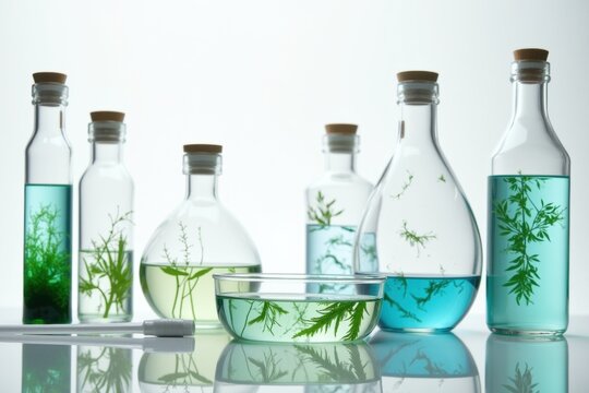 Green and Blue Liquids with Plants in Glass Laboratory Bottles