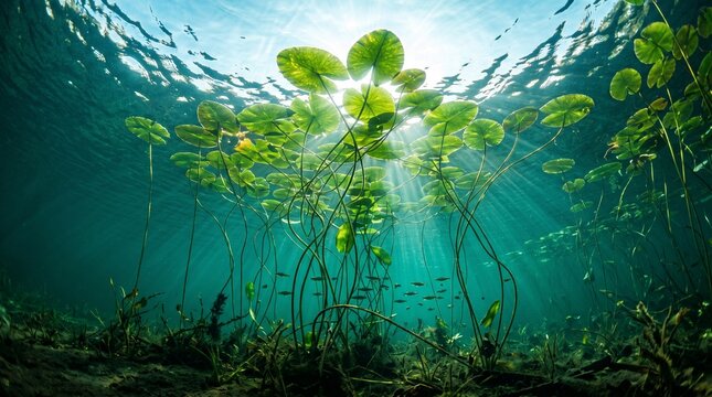 Underwater view looking up at lily pad leaves with sunlight rays filtering through, serene aquatic nature