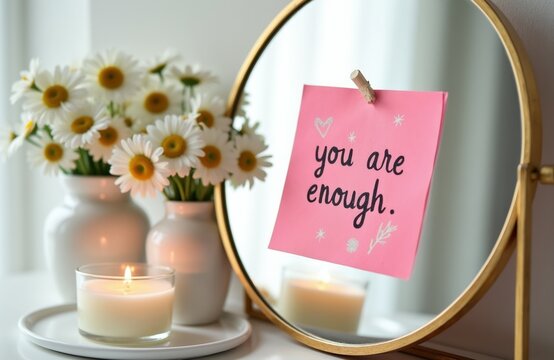 Pink note on mirror says you are enough. Daisies and candle create calm mood. Self-care reminder promotes positive mindset and self-worth.