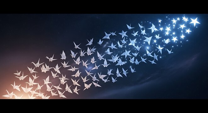 Swarm of glowing blue origami cranes in dark space.