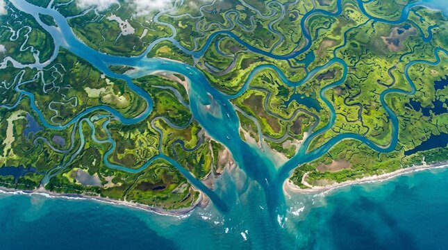 Aerial birds eye view of winding river delta through green wetlands meeting ocean, vivid environmental landscape