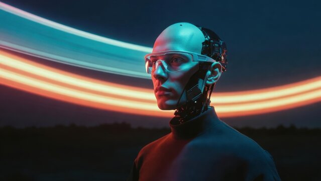 Futuristic figure stands beneath glowing neon arcs
