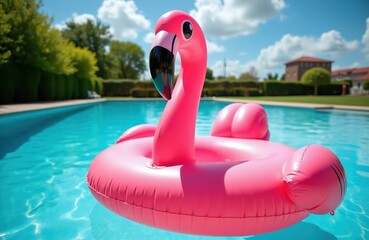 Obraz premium Pink flamingo inflatable float bobs in clear blue swimming pool water under sunny sky. Lush green hedge and manicured lawn surround pool. A large house and trees are visible in background.