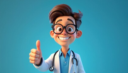 Obraz premium Cartoon doctor character wears glasses and lab coat. He smiles and gives a thumbs up. This optimistic health professional is isolated on a plain blue background.