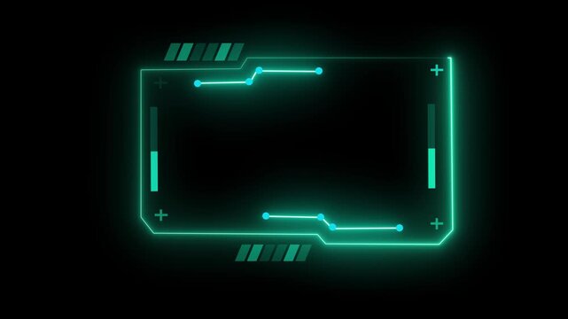Futuristic green neon HUD border frame animation with glowing circuit lines and tech elements on black background.