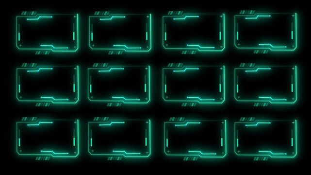 Futuristic green neon HUD border frame animation with glowing circuit lines and tech elements on black background.