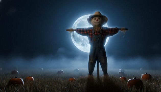 Spooky Halloween scarecrow standing in a foggy moonlit field surrounded by ripe pumpkins under a giant glowing full moon for autumn harvest and horror holiday concept