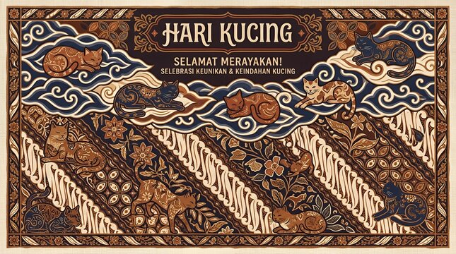 Traditional Indonesian Batik pattern with cats and floral motifs.