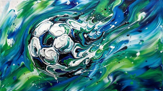 Dynamic soccer ball painting exploding with vibrant green, blue, and white paint splashes, energetic artwork.