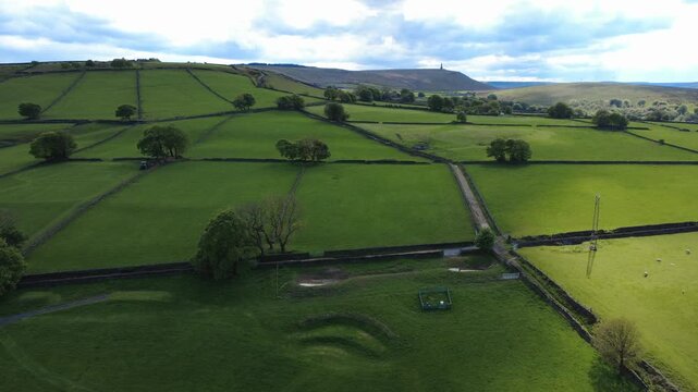 scenic aerial view of west yorkshire countryside near hebden bridge showing back lane towards stoodley pike monument