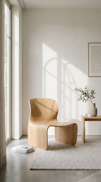 living room interior, A beautiful, modern minimalist room corner featuring a curved, sculptural chair made of light oak wood. A soft shadow of a window frame falls across the wall. Airy, bright, high-