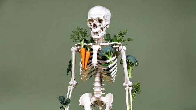 Skeletal figure holds fresh vegetables in hand