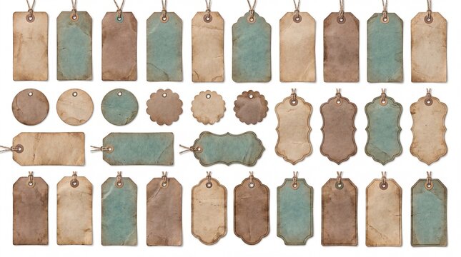 Collection of vintage paper price tags with rustic textures displayed neatly arranged on white background