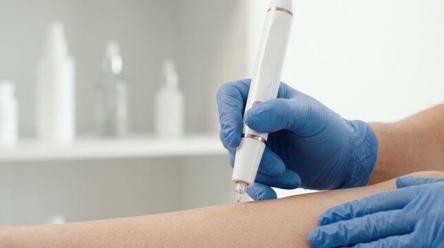 Focused shot of medical gloves gently positioning a plasma device on skin highlighting delicate treatment details against a minimalistic beauty clinic scene with highkey lighting