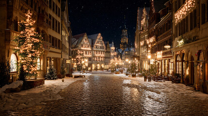 Obraz premium Magical Christmas Market at Night: A charming European street adorned with festive Christmas lights and a beautifully decorated tree transforms into a magical wonderland under the starry night sky.