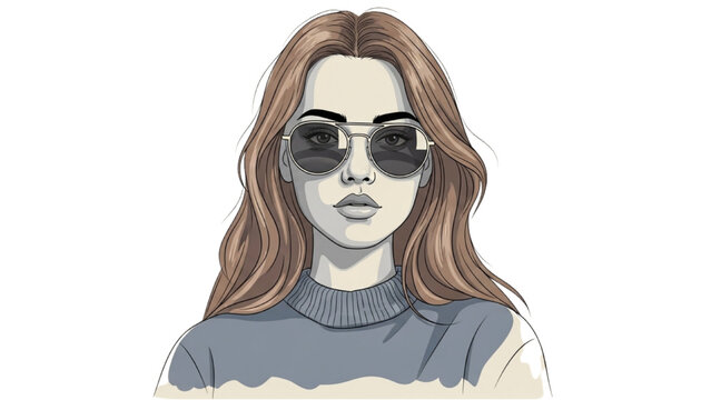 A 2D CAD Vector portrait of a woman wearing sunglasses and a gray sweater