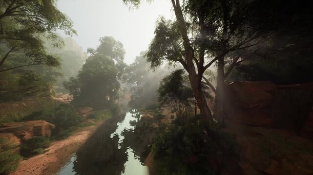 misty river beside ancient temple ruins, sunbeams piercing canopy over sandstone cliffs, narrow path along calm water, lush vegetation and reflections,