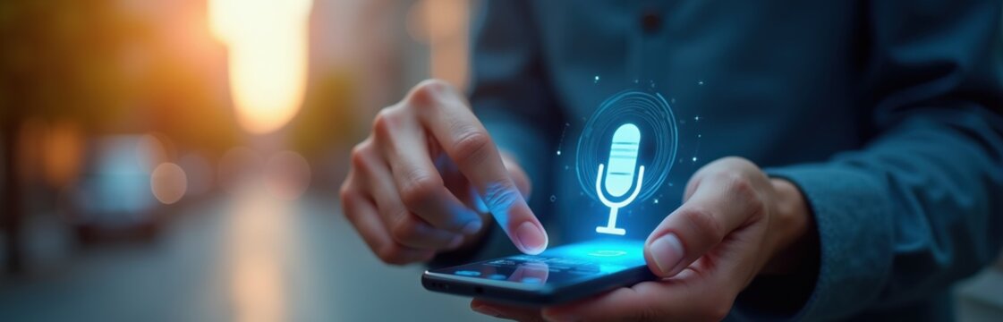 Person uses smartphone voice function to record audio or command AI assistant. Mobile device displays glowing microphone icon. Digital interface interacts with user on street.