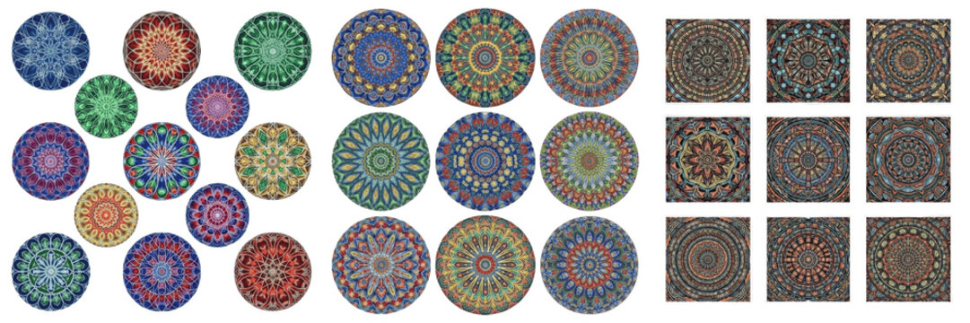 Set of colorful decorative mandala art patterns, perfect for spiritual, wellness, interior design, and creative cultural graphic projects