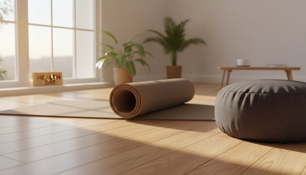 Rolled yoga mat and meditation cushion at sunrise inside a bright, sunlit room, creating a peaceful space for a mindful Health Day wellness concept