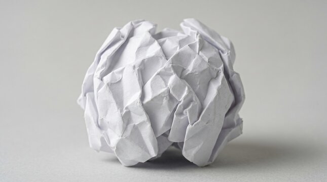 Crumpled white paper ball on a plain gray background representing ideas failure or mistakes
