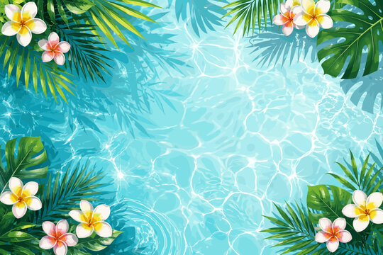 Tropical frangipani flowers and palm leaves float on sparkling blue pool water