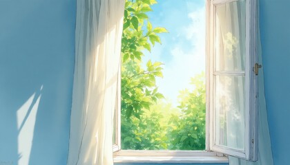 Fototapeta premium Open window shows lush green trees and blue sky with clouds. Sunlight streams through sheer curtains onto blue wall. Peaceful nature scene from inside room.