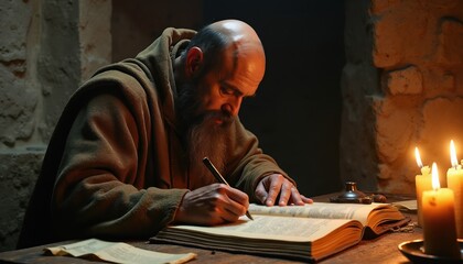Plakat Bald monk with beard writes with pen in old book. Medieval man in brown robe studies ancient text by candlelight. Cleric works in dark stone room.