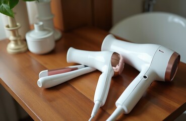 Naklejka premium White hairdryer and hair straightener tools rest on wooden vanity. Bathroom interior setting includes sink and decor. Pro beauty appliances for hair styling at home.