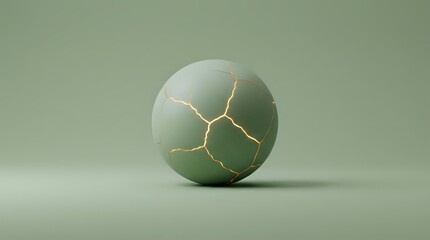 Fototapeta premium Cracked sage green sphere with golden fracture lines on neutral background, isolated for design, packaging, and creative projects.