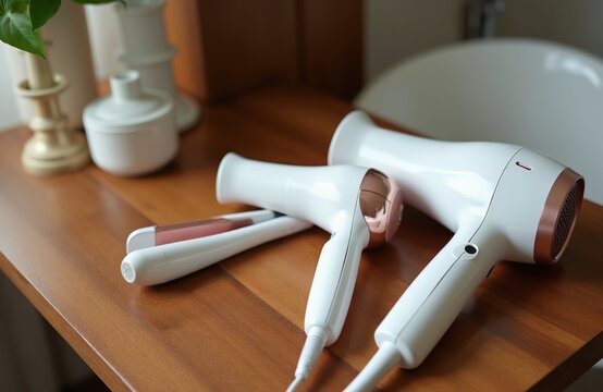 White hairdryer and hair straightener tools rest on wooden vanity. Bathroom interior setting includes sink and decor. Pro beauty appliances for hair styling at home.
